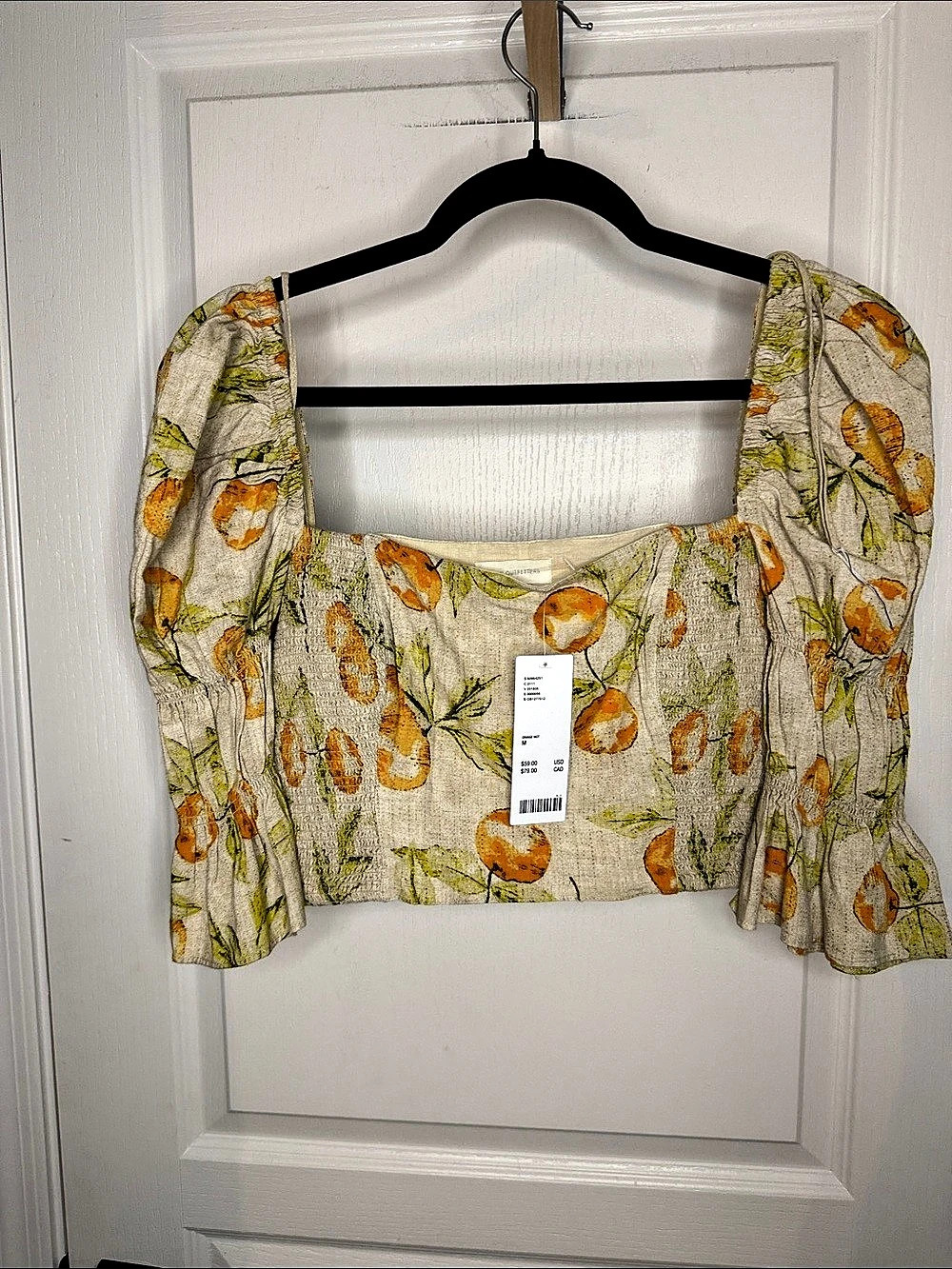 Urban Outfitters Orange Citrus Print Smocked Puff Sleeve Crop Top Cream & Orange